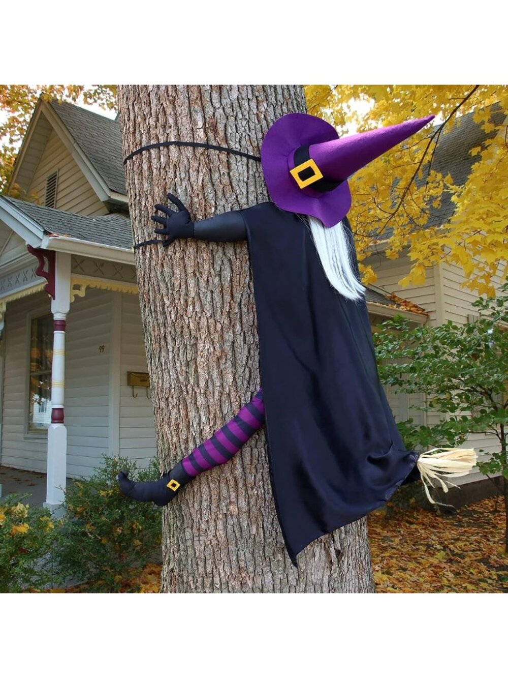 57" Black Crashing Witch into Tree Halloween Decor Crashing Witch with Gold Hair